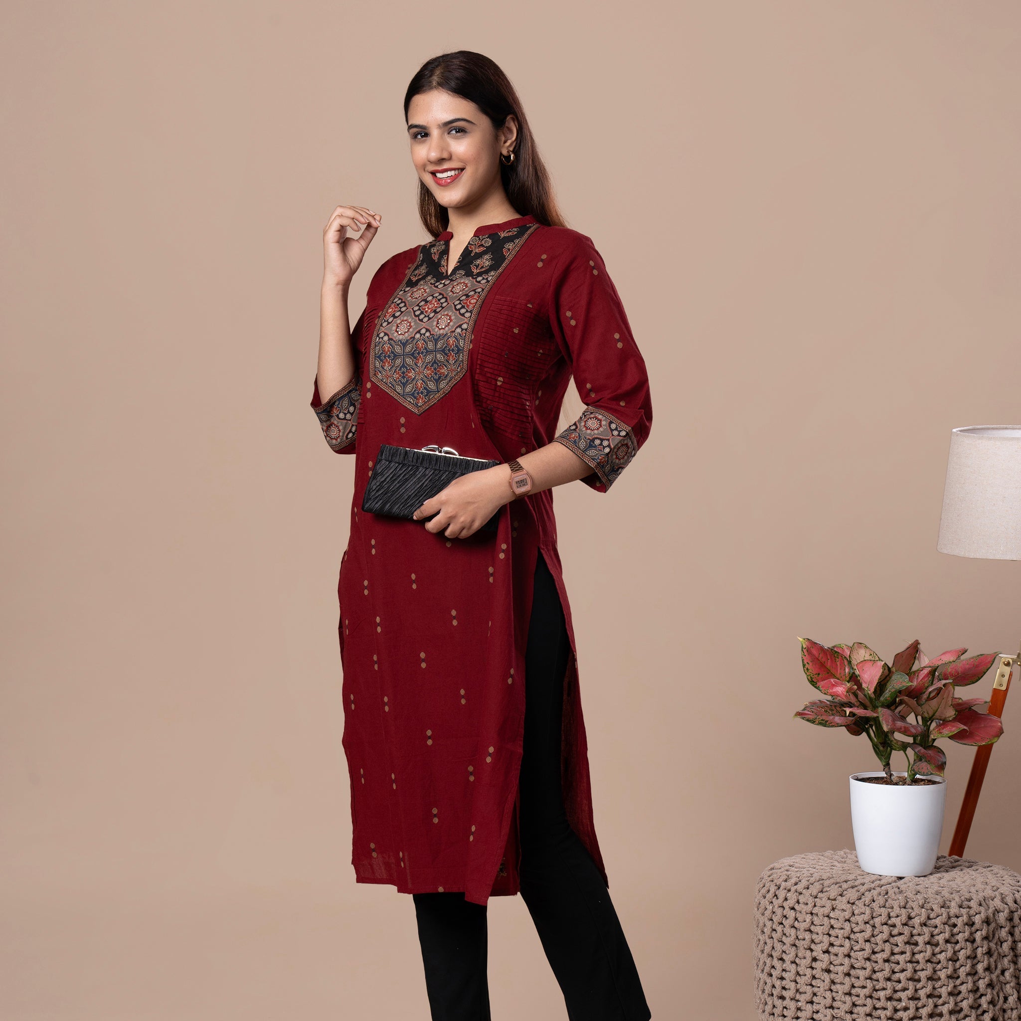 Ajrakh Handloom Cotton Kurta - Maroon