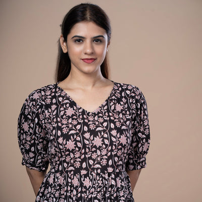 Bagru Print Cotton One Piece Dress - Black