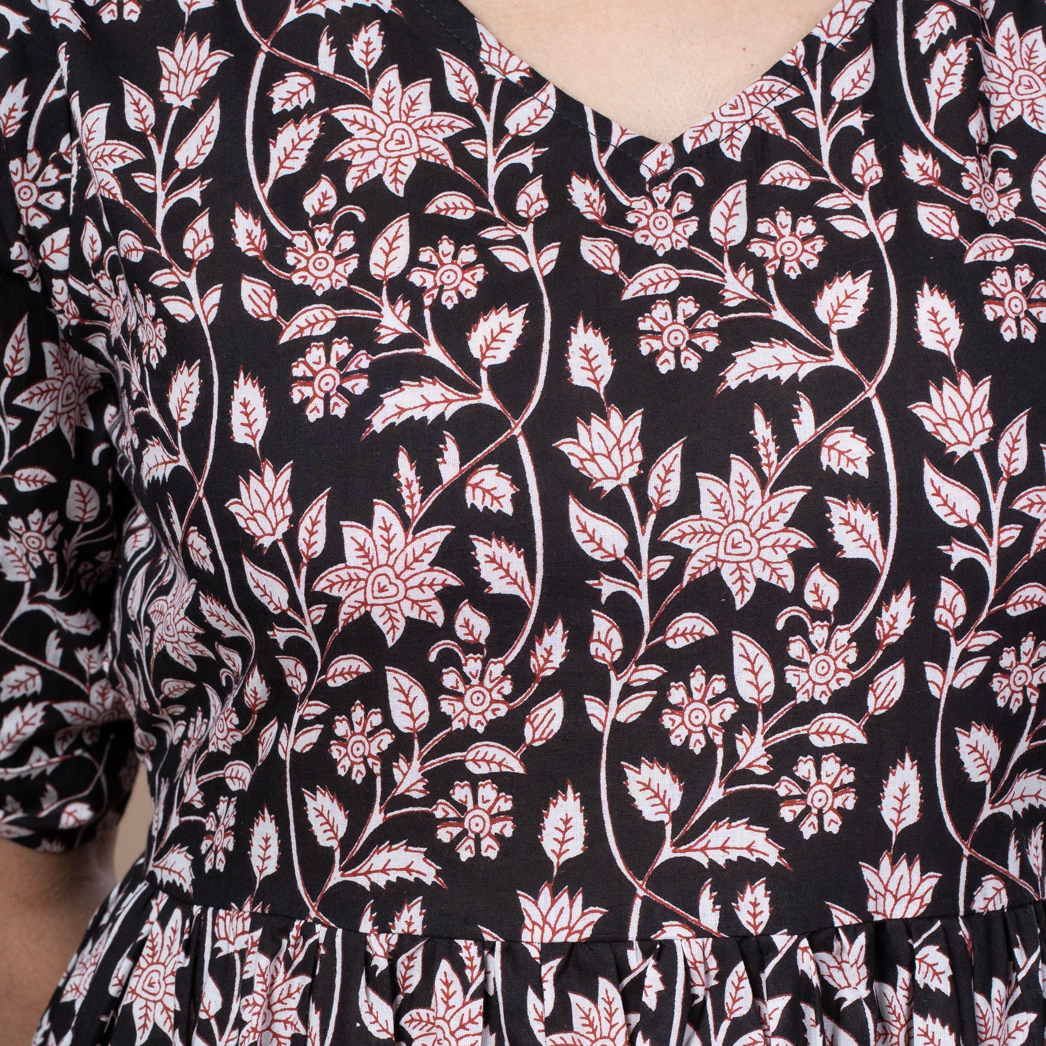 Bagru Print Cotton One Piece Dress - Black