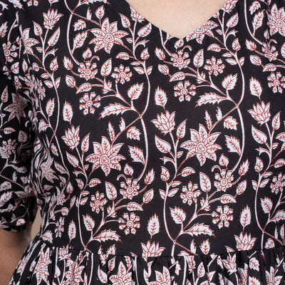 Bagru Print Cotton One Piece Dress - Black