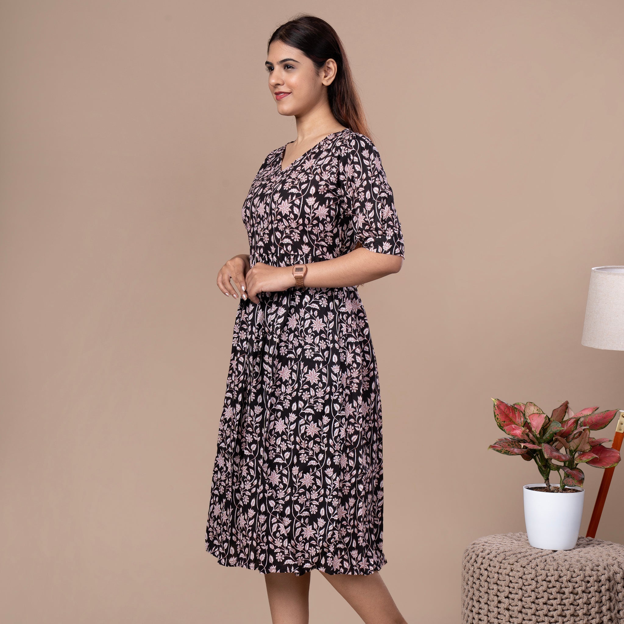 Bagru Print Cotton One Piece Dress - Black