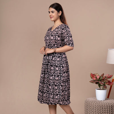 Bagru Print Cotton One Piece Dress - Black