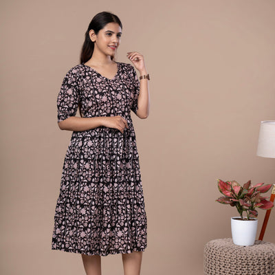 Bagru Print Cotton One Piece Dress - Black