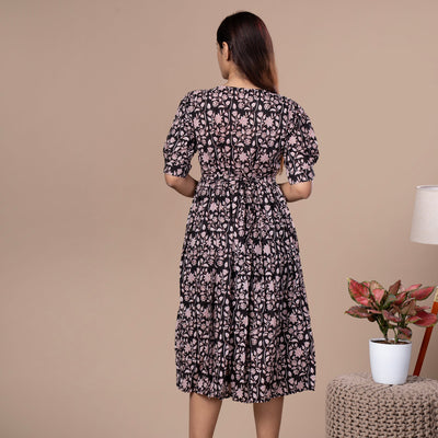 Bagru Print Cotton One Piece Dress - Black