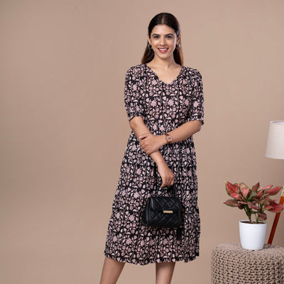 Bagru Print Cotton One Piece Dress - Black