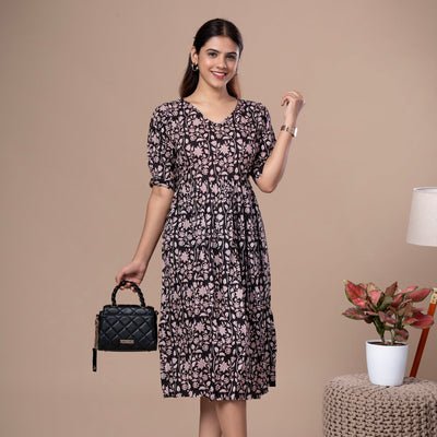 Bagru Print Cotton One Piece Dress - Black