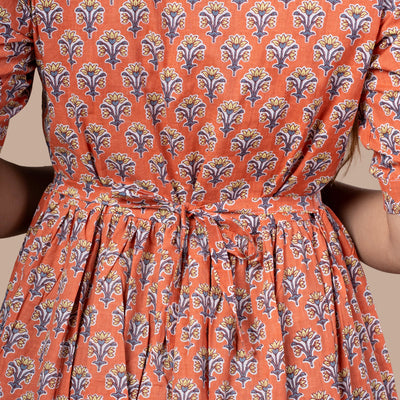 Bagru Print Cotton One Piece Dress - Orange