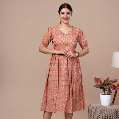 Bagru Print Cotton One Piece Dress - Orange