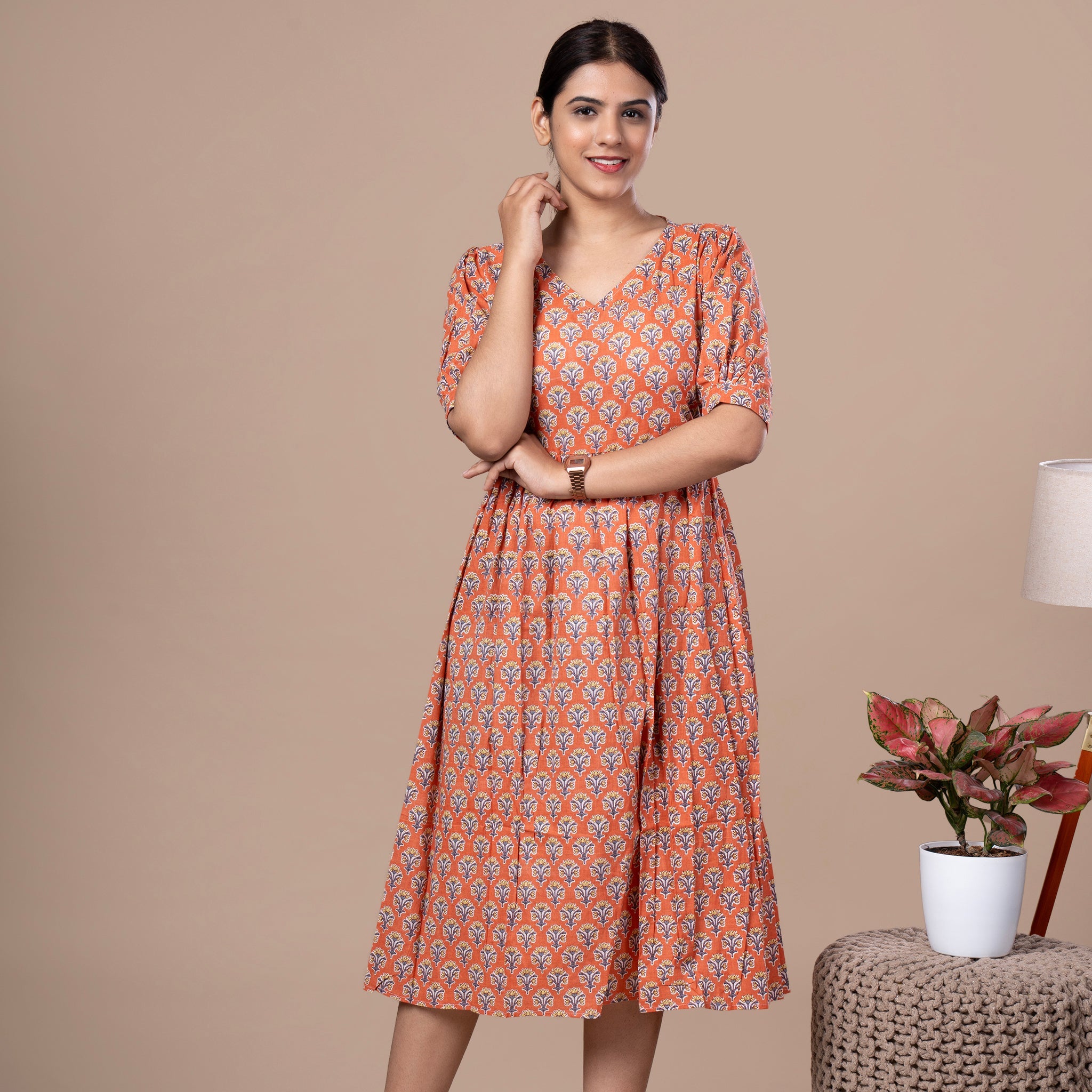 Bagru Print Cotton One Piece Dress - Orange