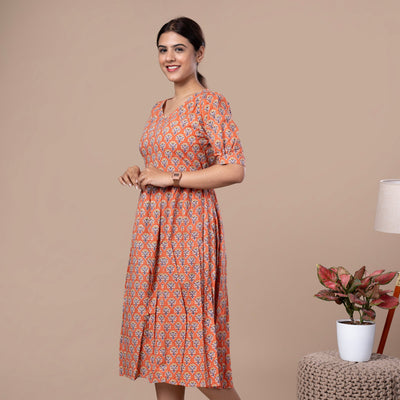 Bagru Print Cotton One Piece Dress - Orange