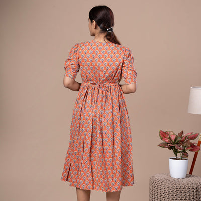 Bagru Print Cotton One Piece Dress - Orange