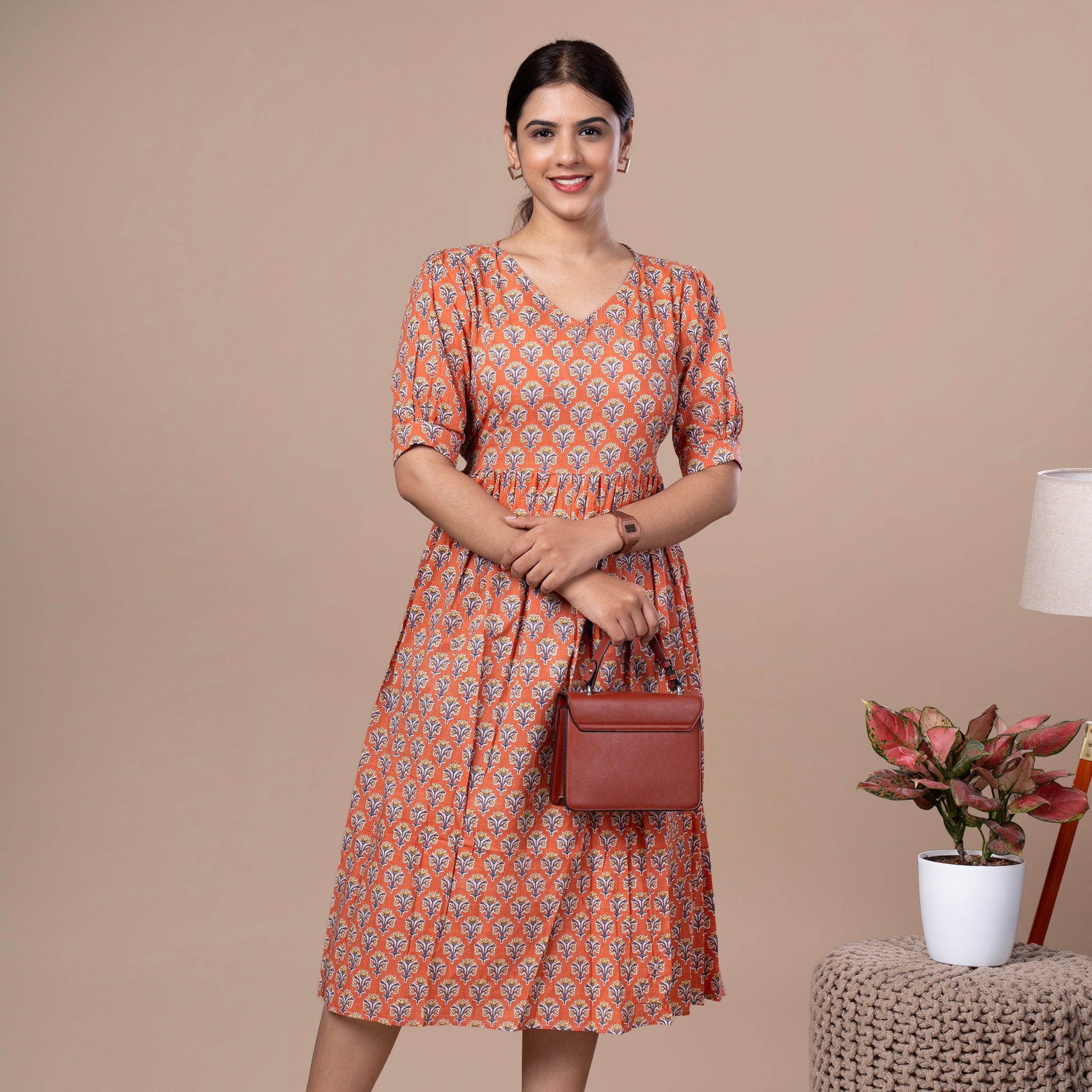 Bagru Print Cotton One Piece Dress - Orange