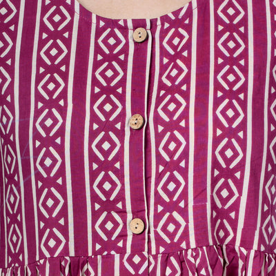 Hand Block Sleeveless Cotton One Piece Frill Dress - Magenta