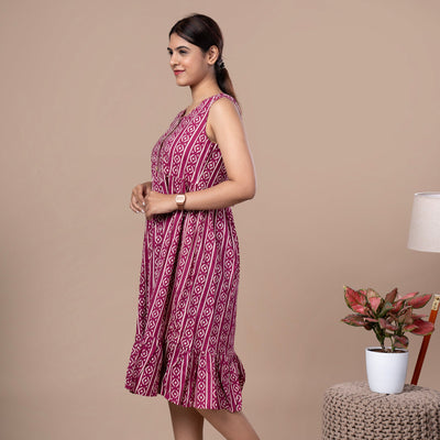 Hand Block Sleeveless Cotton One Piece Frill Dress - Magenta