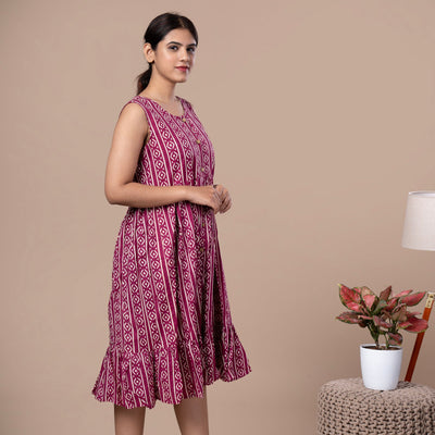 Hand Block Sleeveless Cotton One Piece Frill Dress - Magenta