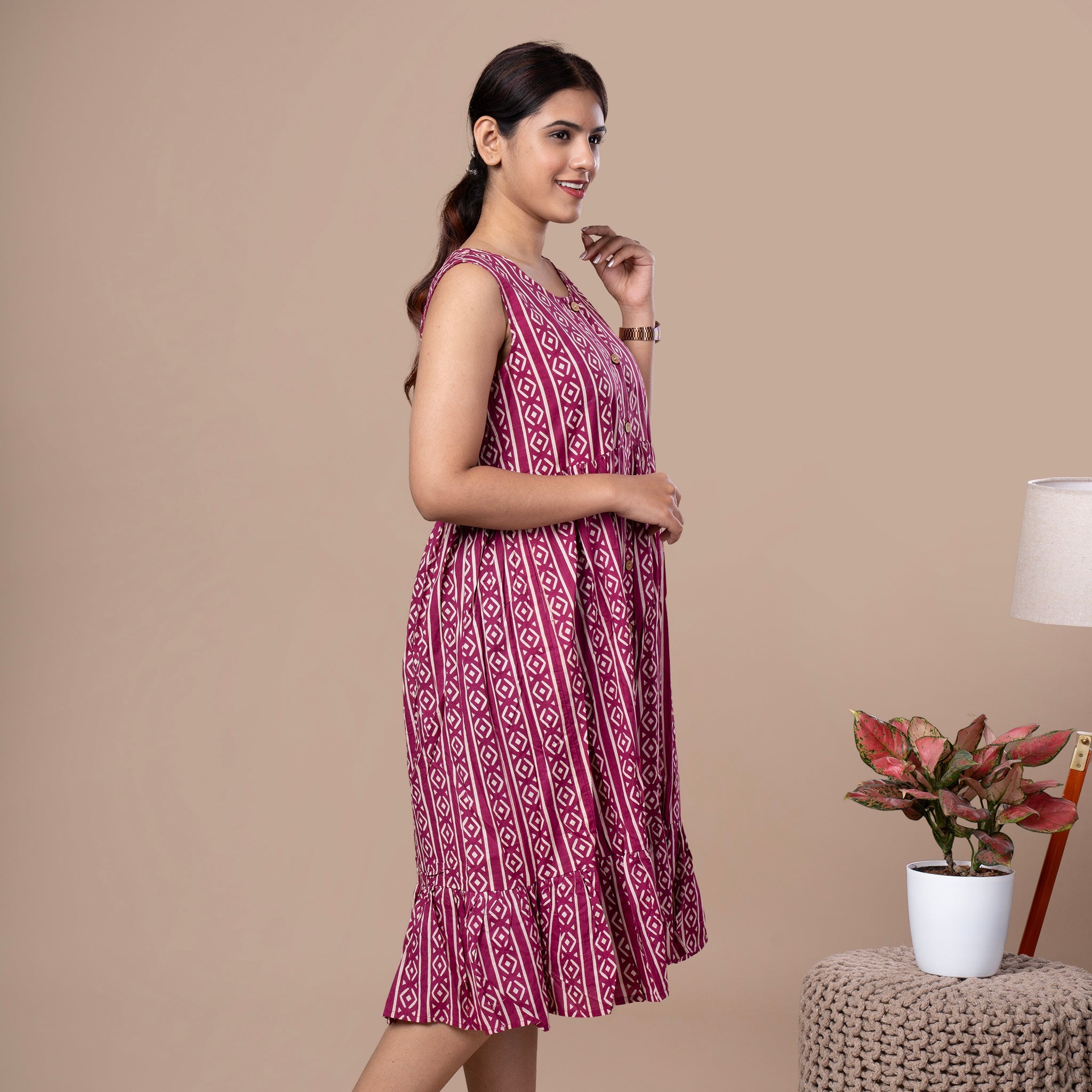 Hand Block Sleeveless Cotton One Piece Frill Dress - Magenta