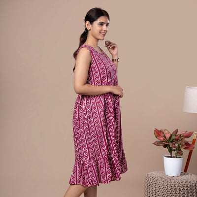 Hand Block Sleeveless Cotton One Piece Frill Dress - Magenta