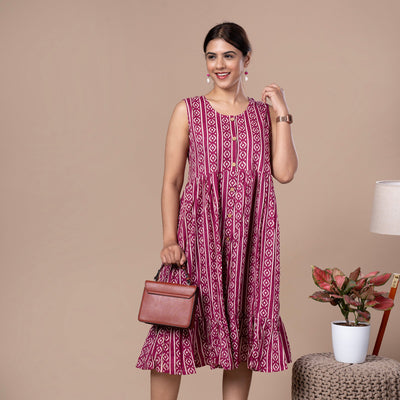 Hand Block Sleeveless Cotton One Piece Frill Dress - Magenta