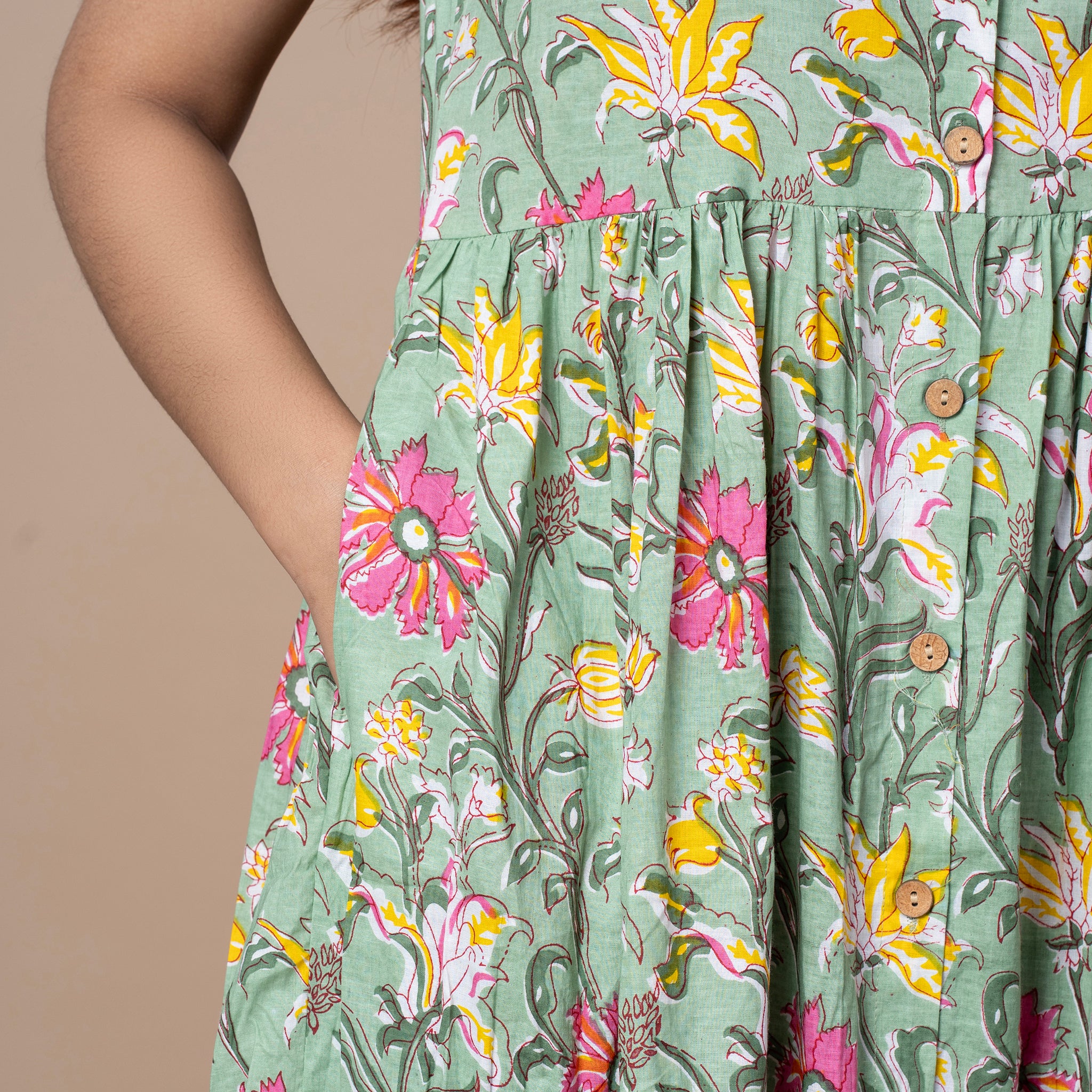 Hand Block Sleeveless Cotton One Piece Frill Dress