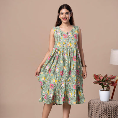 Hand Block Sleeveless Cotton One Piece Frill Dress - Lavendar Green