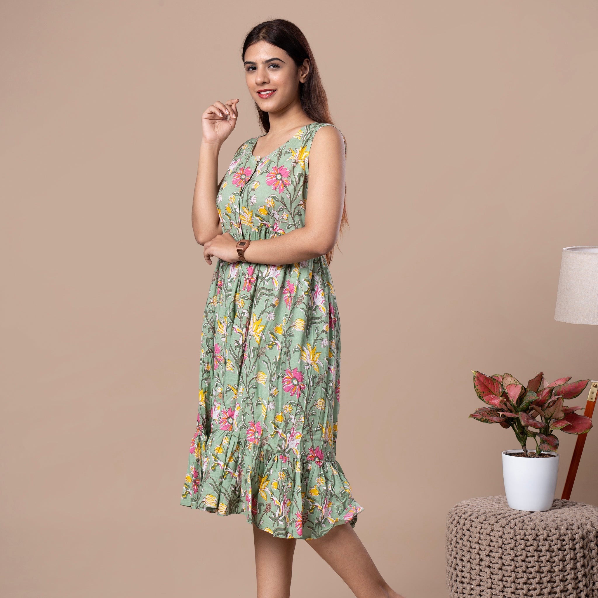 Hand Block Sleeveless Cotton One Piece Frill Dress - Lavendar Green