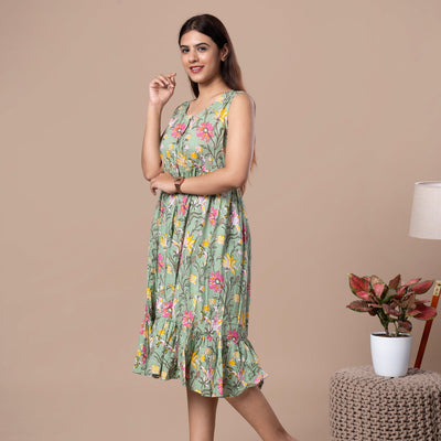 Hand Block Sleeveless Cotton One Piece Frill Dress - Lavendar Green