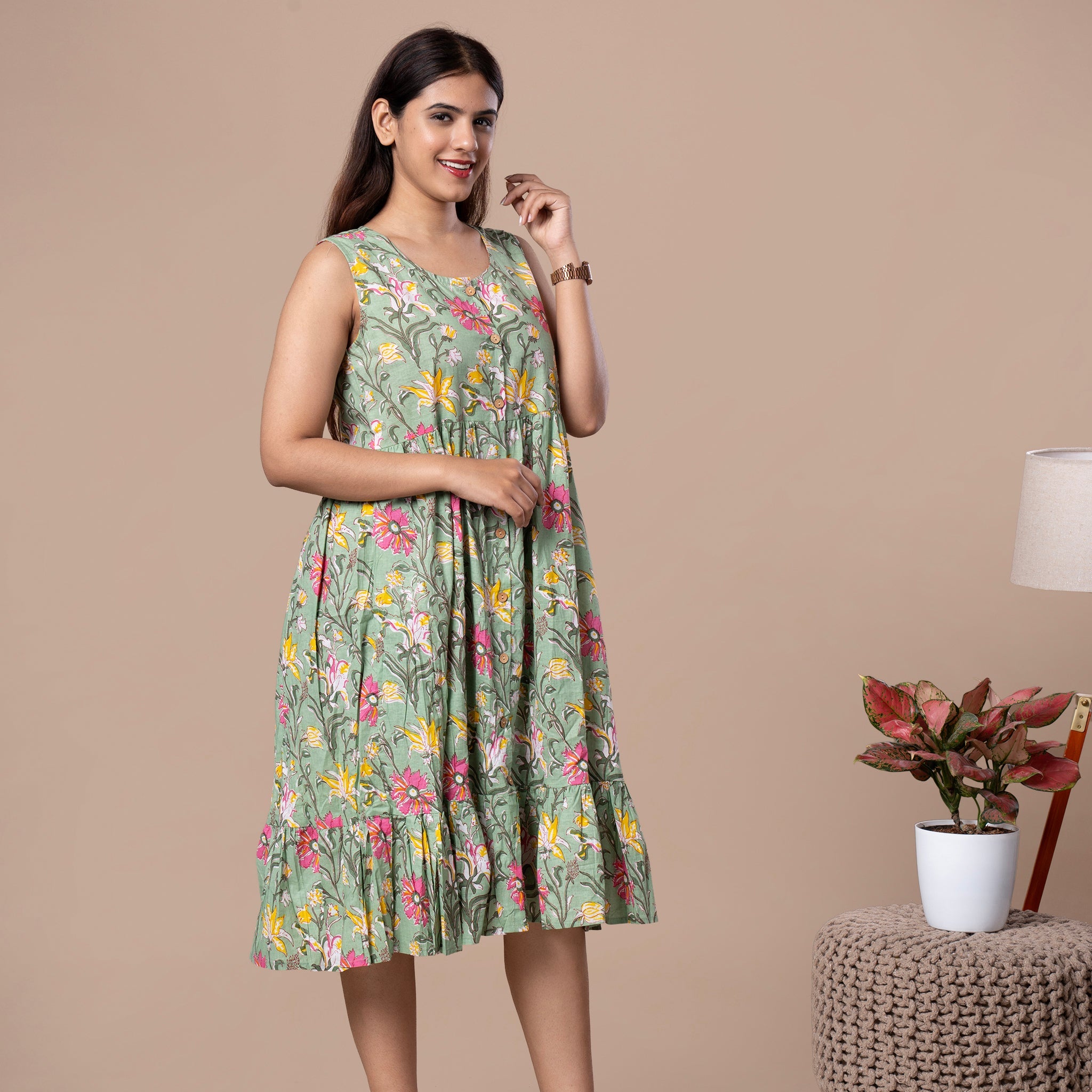 Hand Block Sleeveless Cotton One Piece Frill Dress - Lavendar Green