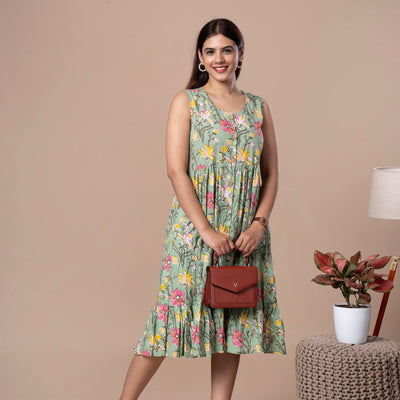 Hand Block Sleeveless Cotton One Piece Frill Dress - Lavendar Green