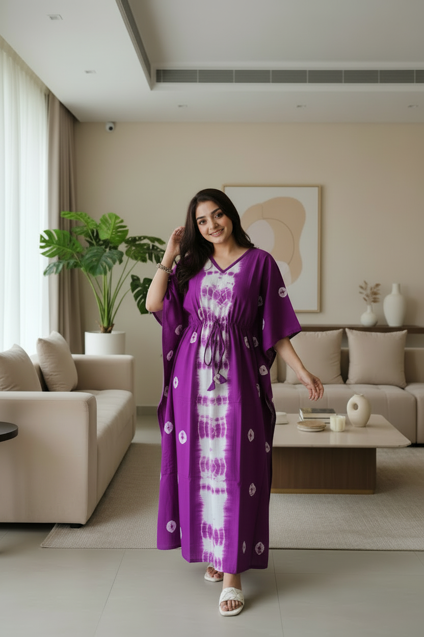 Shibhori Cotton Kaftan Nightie - Violet