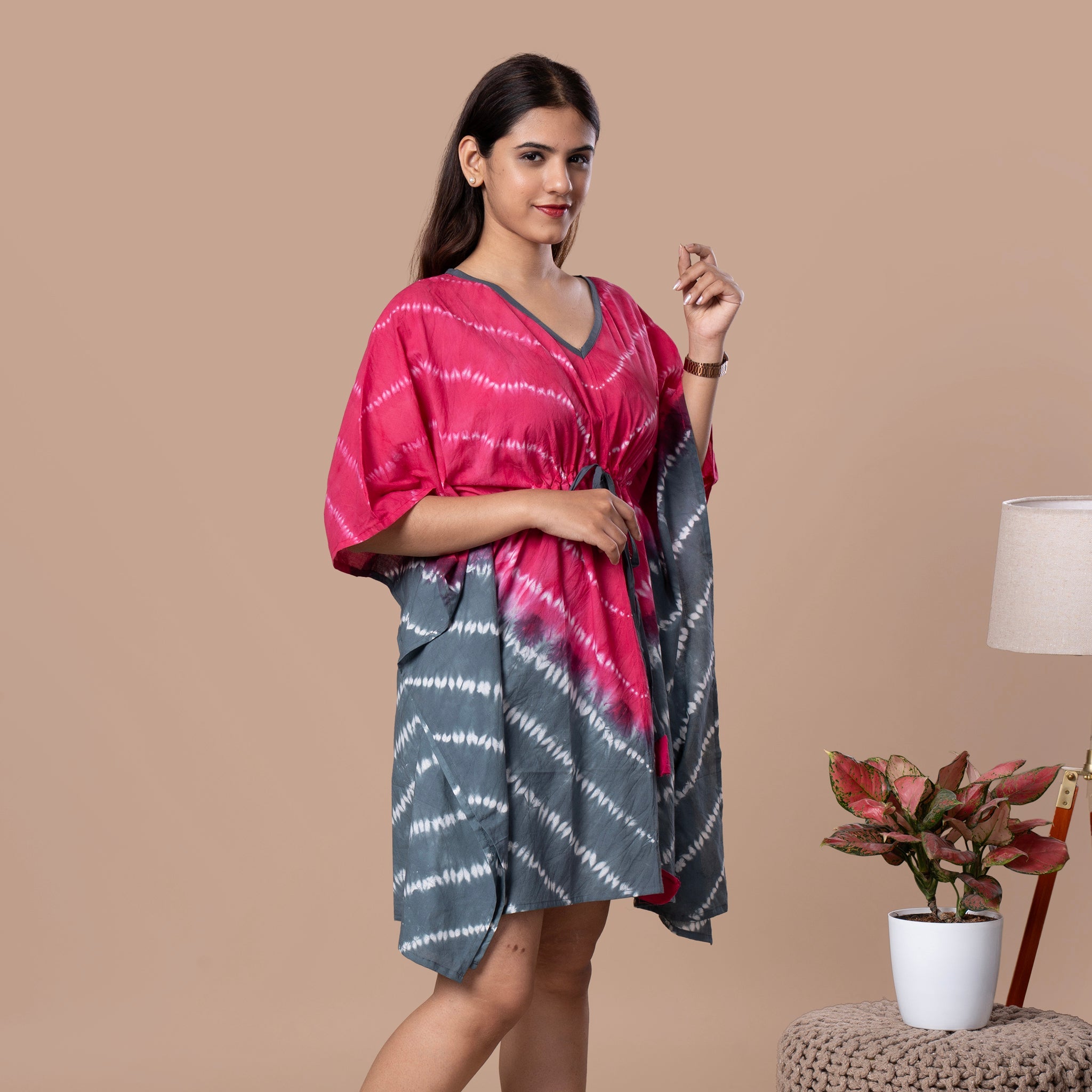 Shibhori Cotton Kaftan Tunic - Magenta