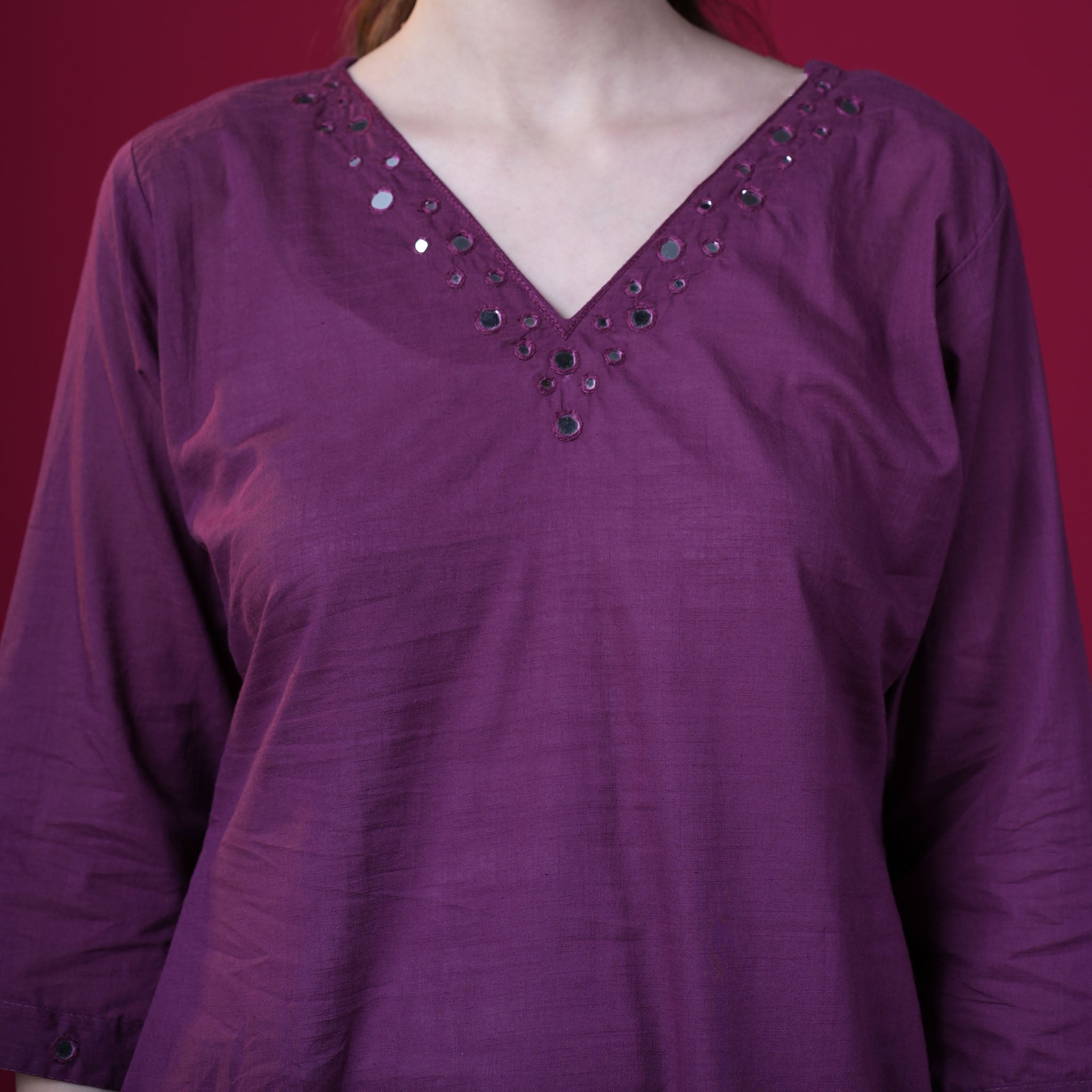 Solid Mirror Work Cotton Kurta Pant Set