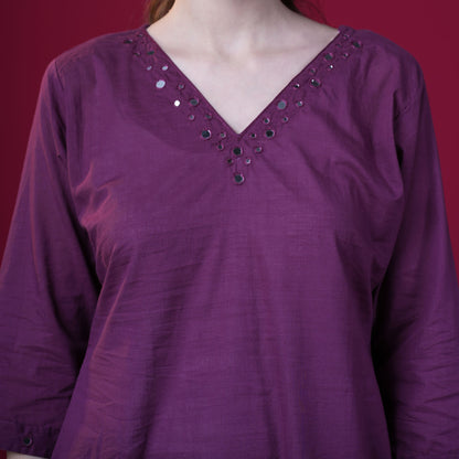 Solid Mirror Work Cotton Kurta Pant Set