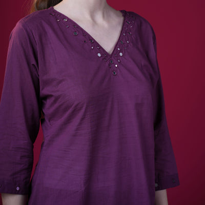 Solid Mirror Work Cotton Kurta Pant Set - Violet