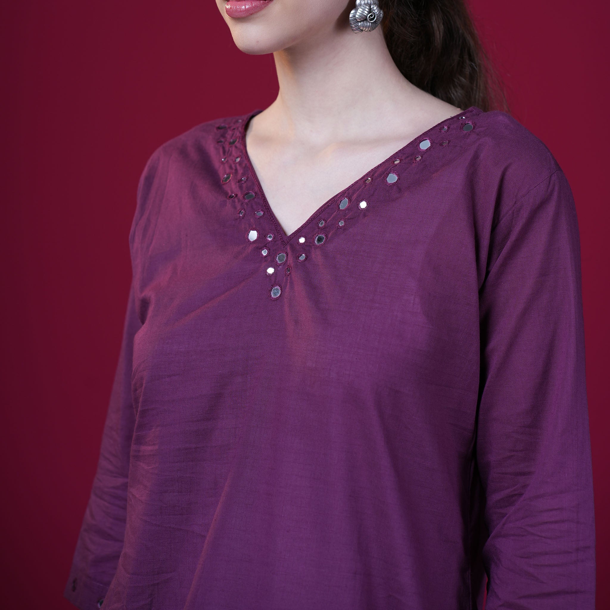 Solid Mirror Work Cotton Kurta Pant Set