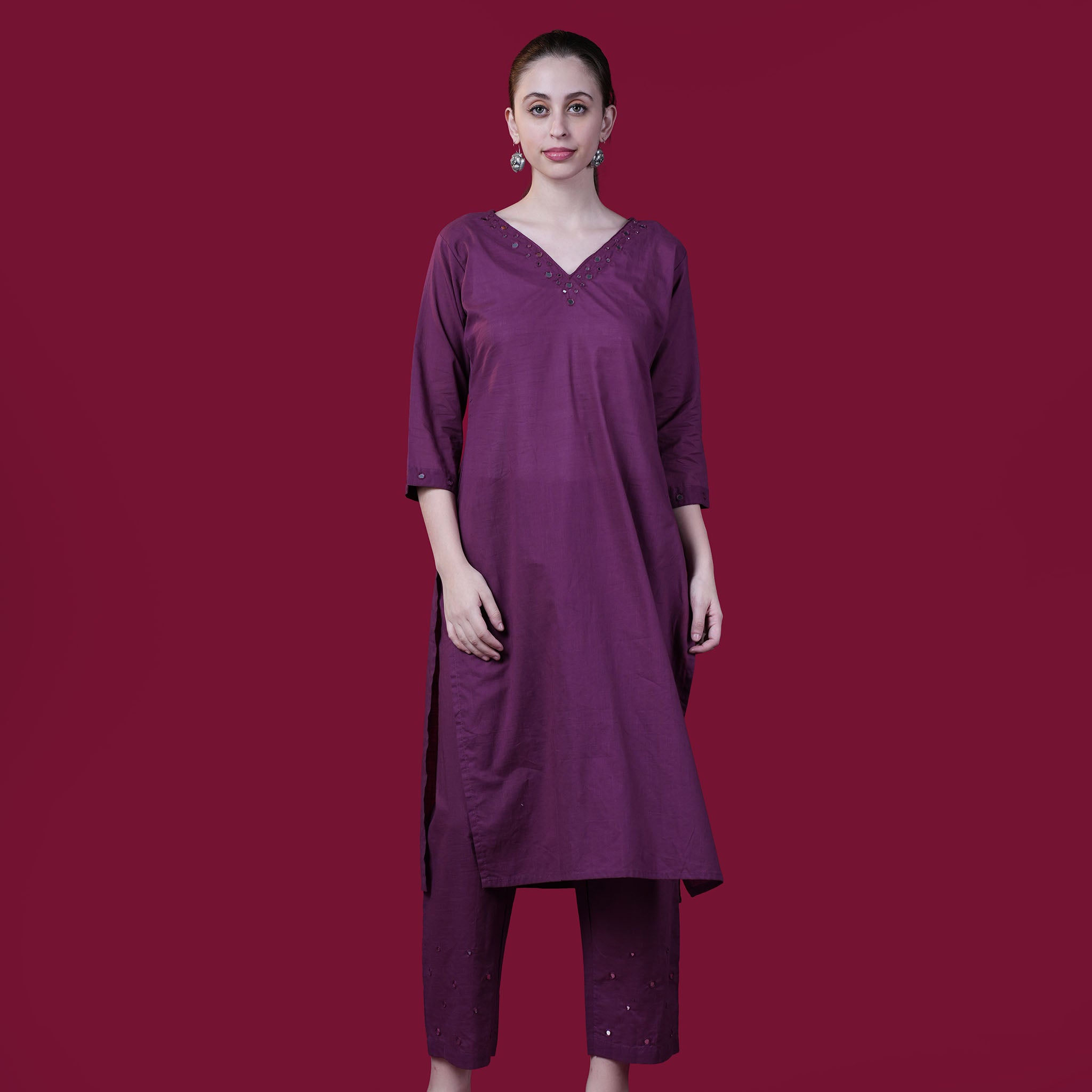 Solid Mirror Work Cotton Kurta Pant Set