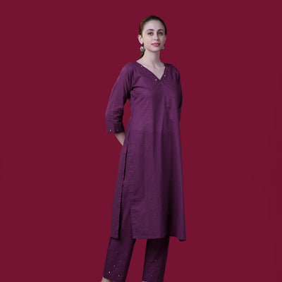 Solid Mirror Work Cotton Kurta Pant Set - Violet