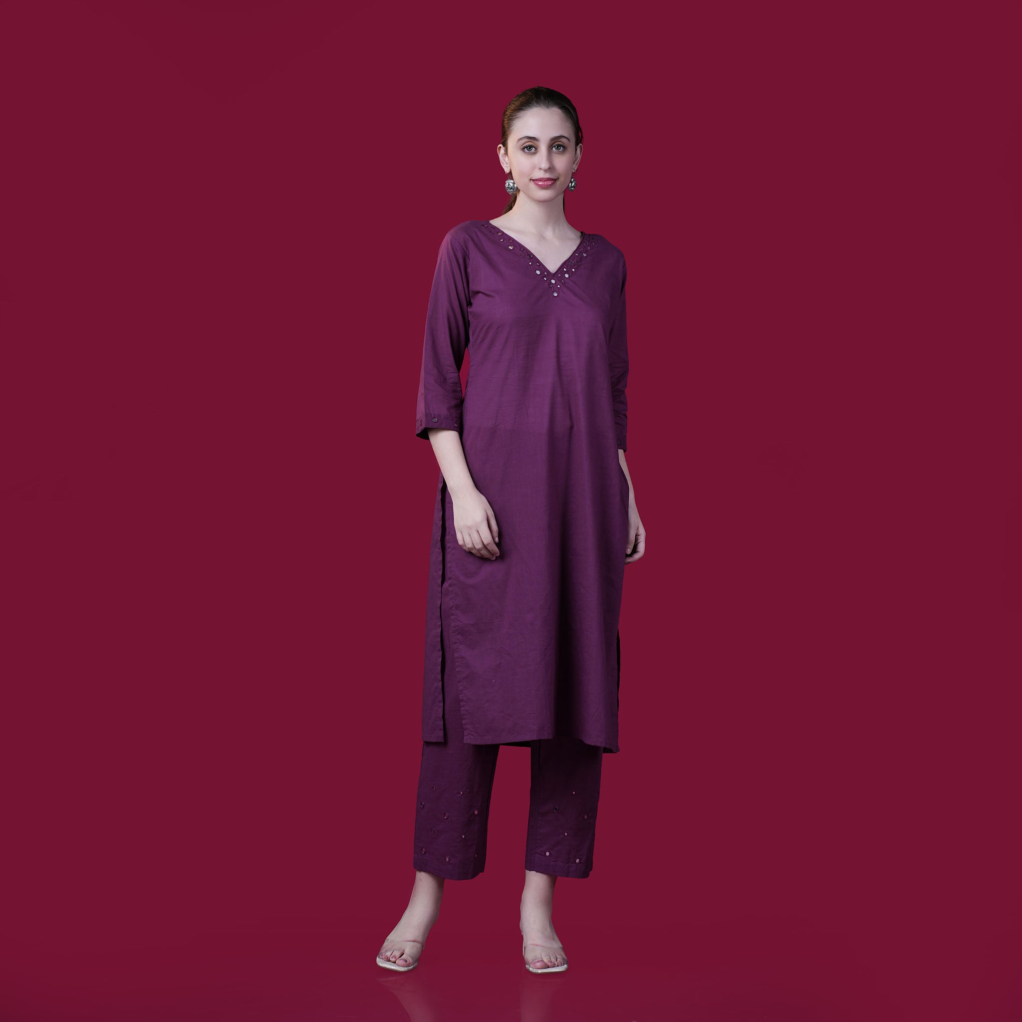 Solid Mirror Work Cotton Kurta Pant Set