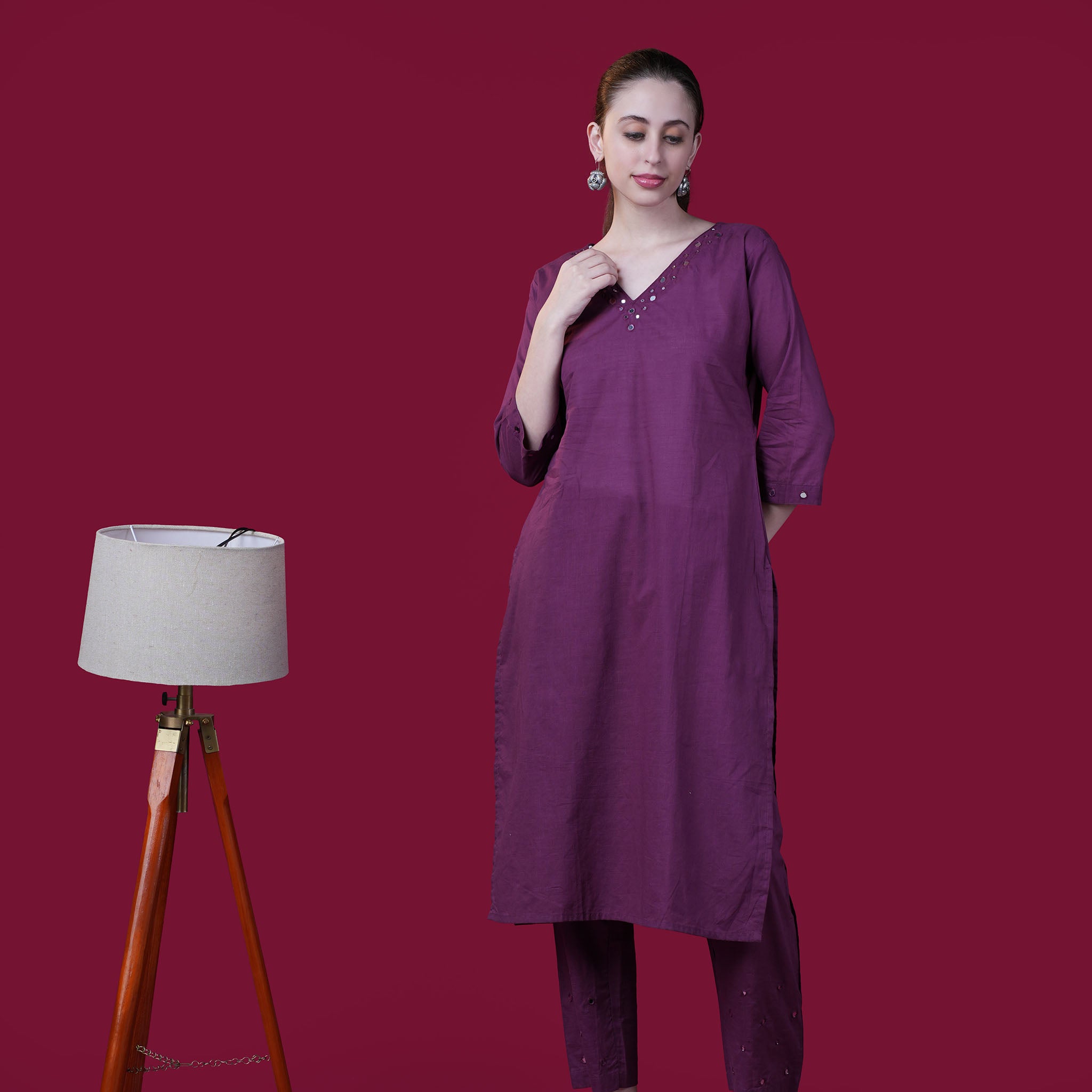 Solid Mirror Work Cotton Kurta Pant Set