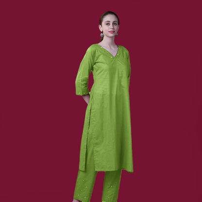 Solid Mirror Work Cotton Kurta Pant Set