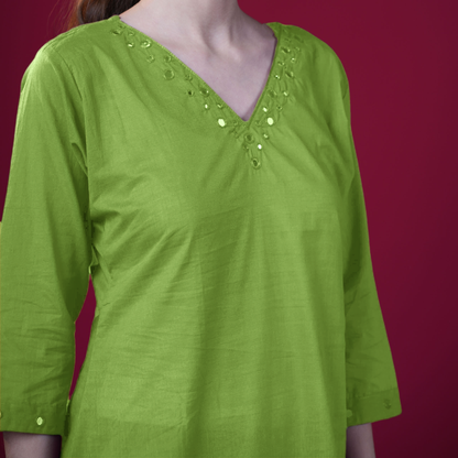 Solid Mirror Work Cotton Kurta Pant Set