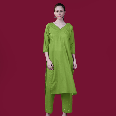 Solid Mirror Work Cotton Kurta Pant Set - Green