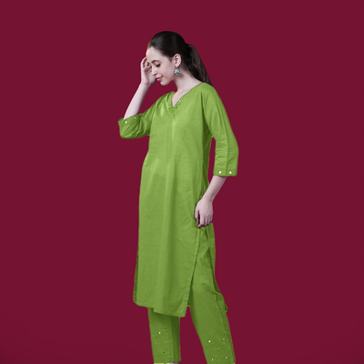 Solid Mirror Work Cotton Kurta Pant Set - Green