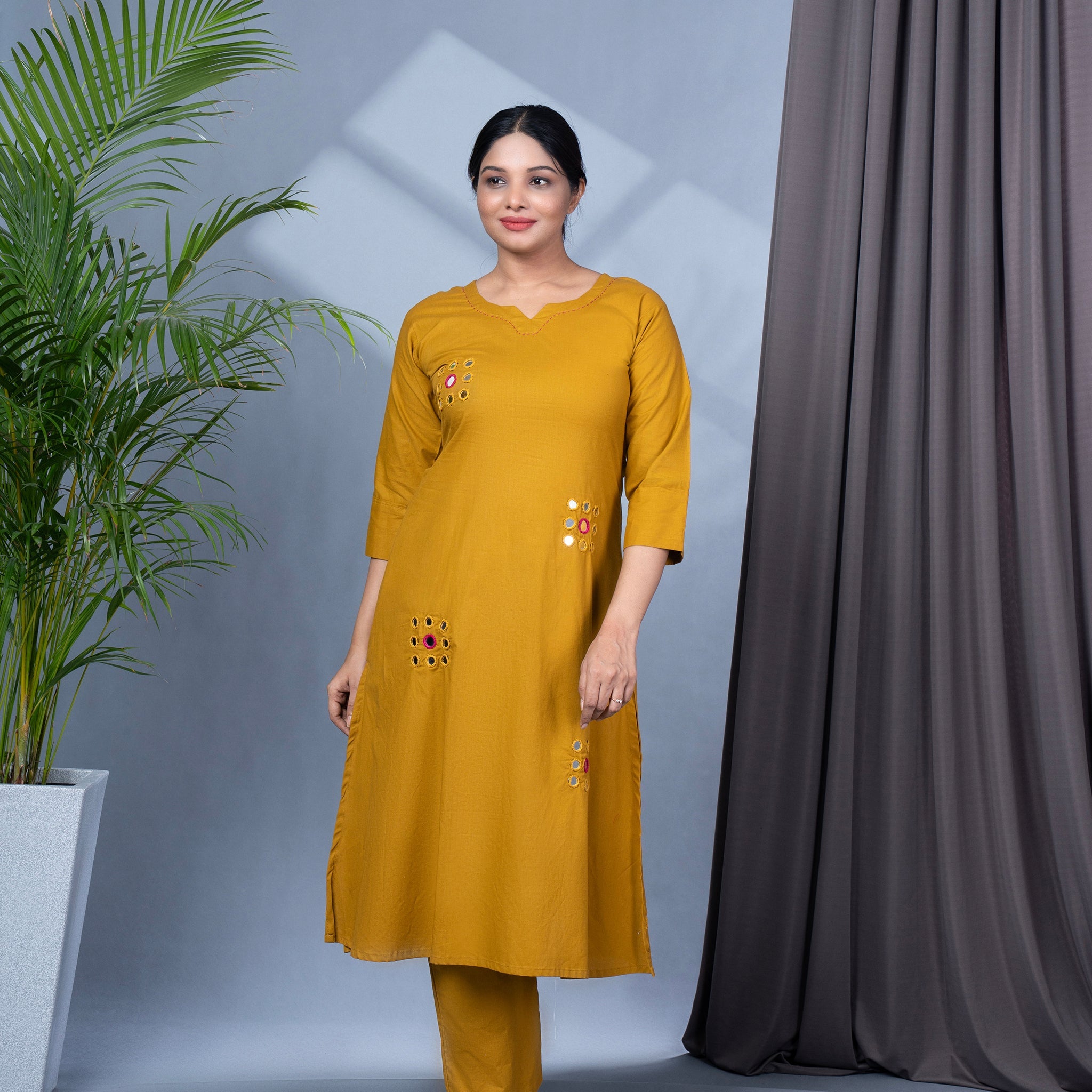Hand Mirror Work Solid Cotton Kurta Pant Set - Mustard