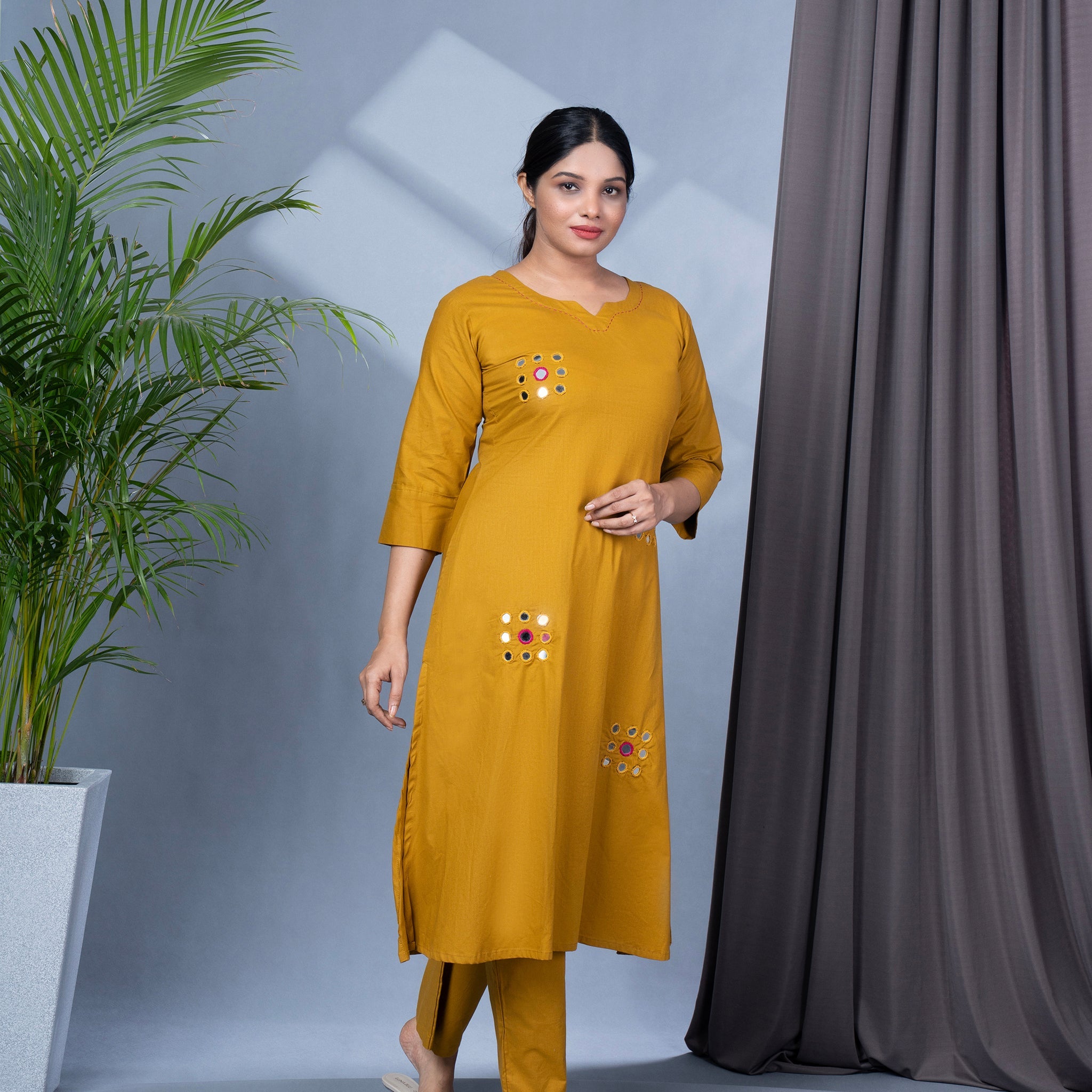 Hand Mirror Work Solid Cotton Kurta Pant Set - Mustard