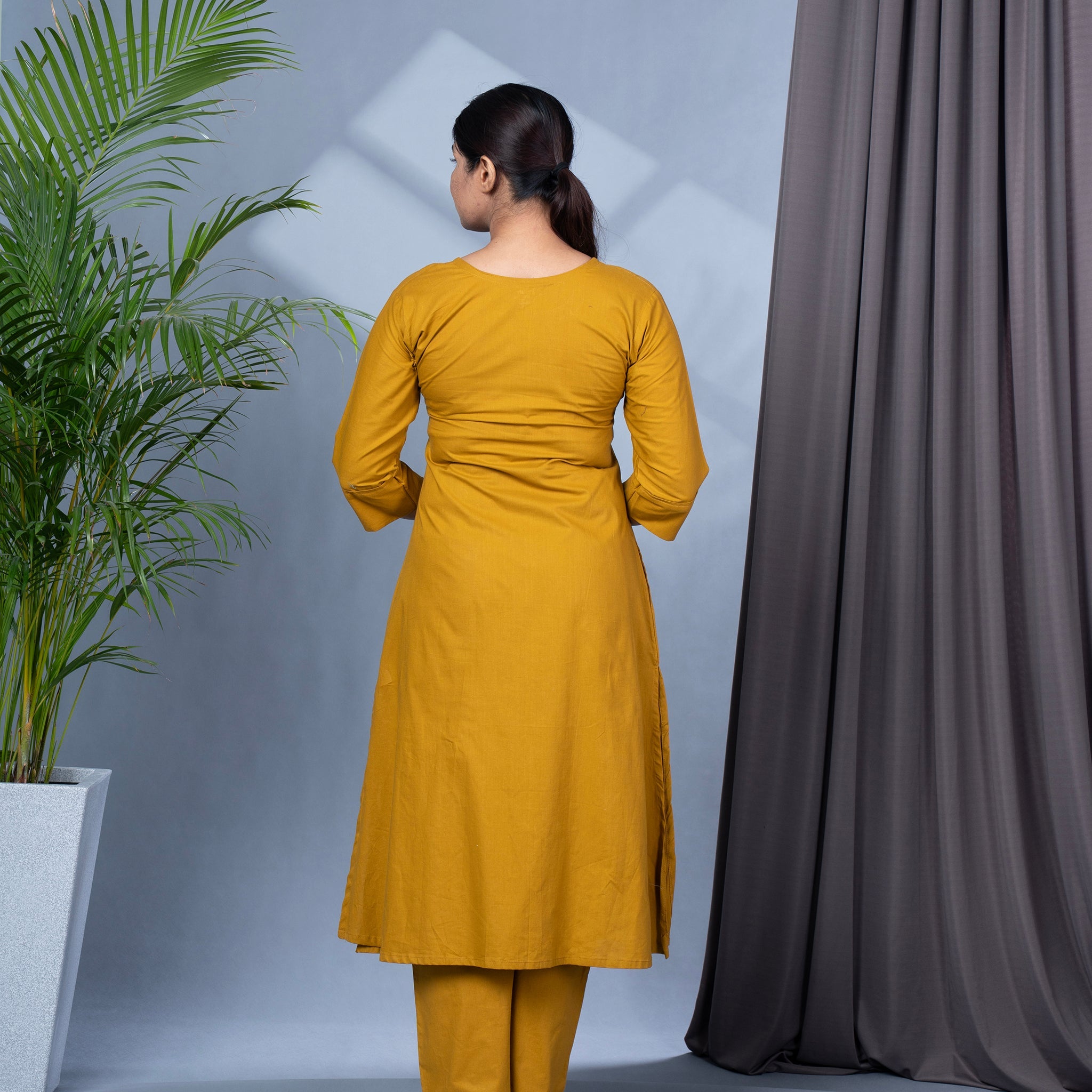 Hand Mirror Work Solid Cotton Kurta Pant Set - Mustard