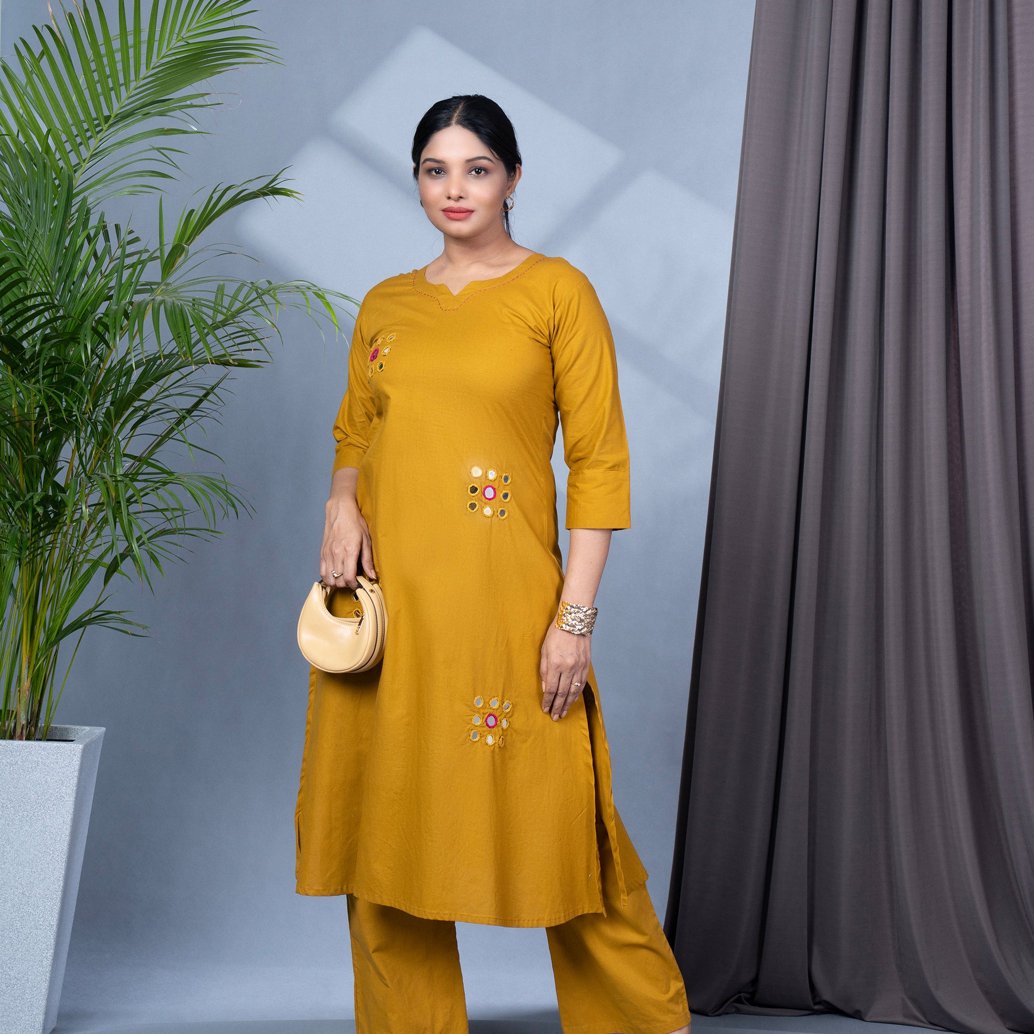 Hand Mirror Work Solid Cotton Kurta Pant Set