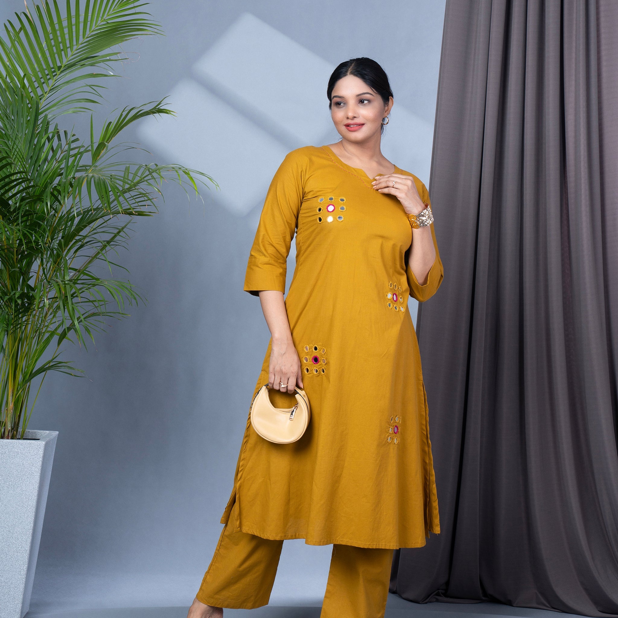 Hand Mirror Work Solid Cotton Kurta Pant Set - Mustard