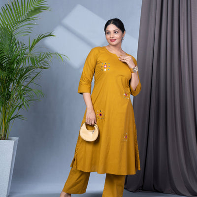 Hand Mirror Work Solid Cotton Kurta Pant Set - Mustard