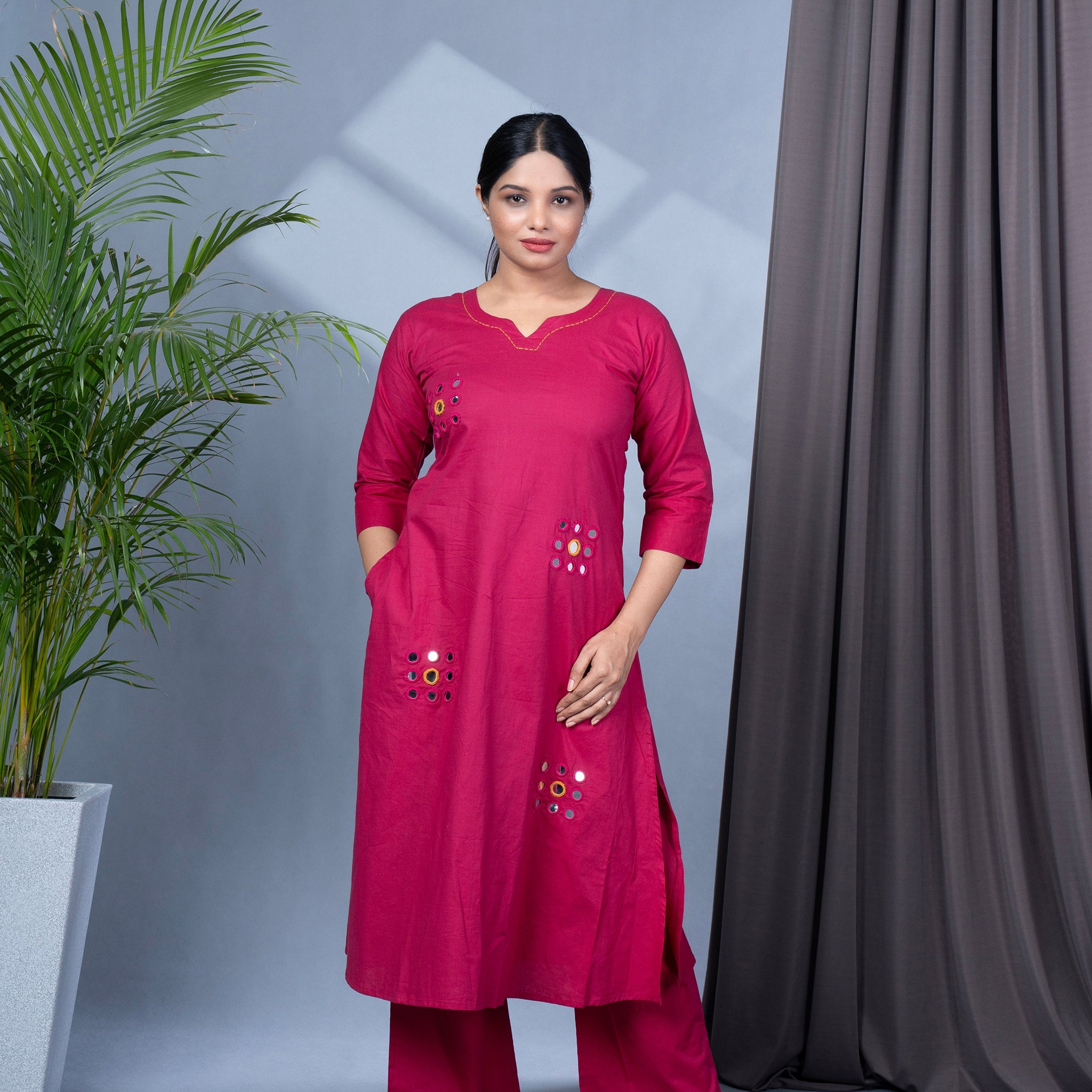 Hand Mirror Work Solid Cotton Kurta Pant Set - Magenta
