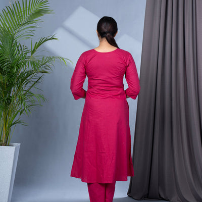 Hand Mirror Work Solid Cotton Kurta Pant Set - Magenta